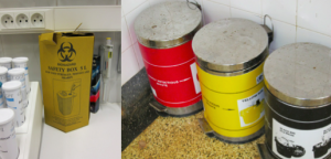 Medical waste has to be separated at point of use into different color coded containers and then is usually either buried or burned. Sharps are separated into their own puncture proof safety container to prevent accidental “jabbing”.